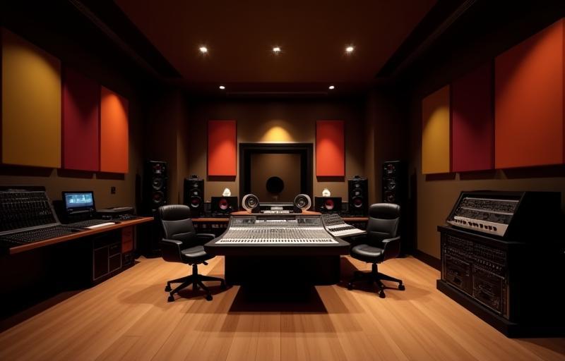 Interior view of Estúdio Melodia Som recording studio with mixing console and sound treatment