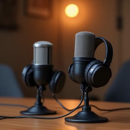 Podcast recording setup with microphones and headphones