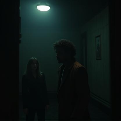 Still frame from a film showing a dramatic scene, representing sound design work