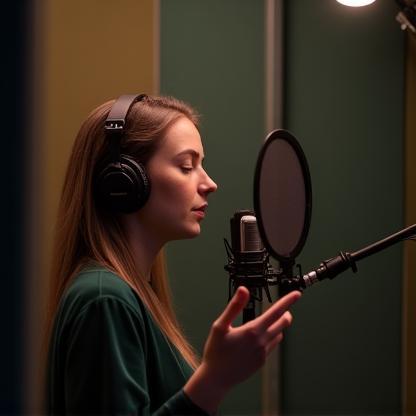 Person recording voiceover in an isolation booth with a microphone