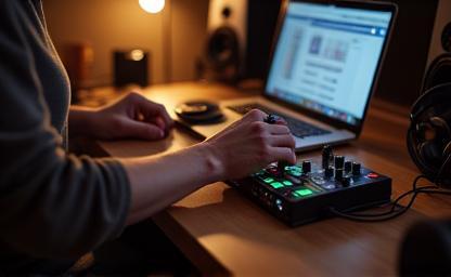 Person setting up home recording studio gear including microphone and interface
