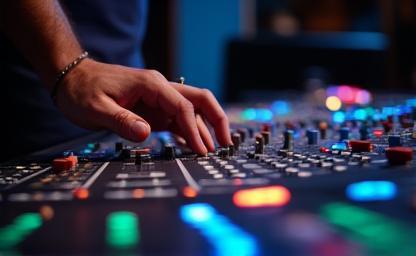Hands adjusting controls on a large mixing console in a studio