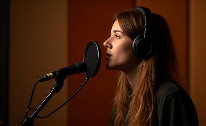 Person singing into a microphone in a recording booth
